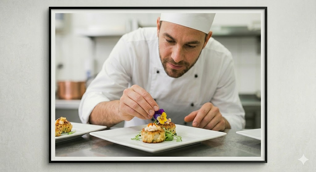 Chef carefully plating elegant canapes