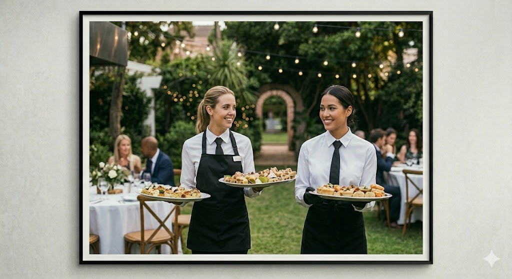 Delnaro servers carrying plates at an outdoor event